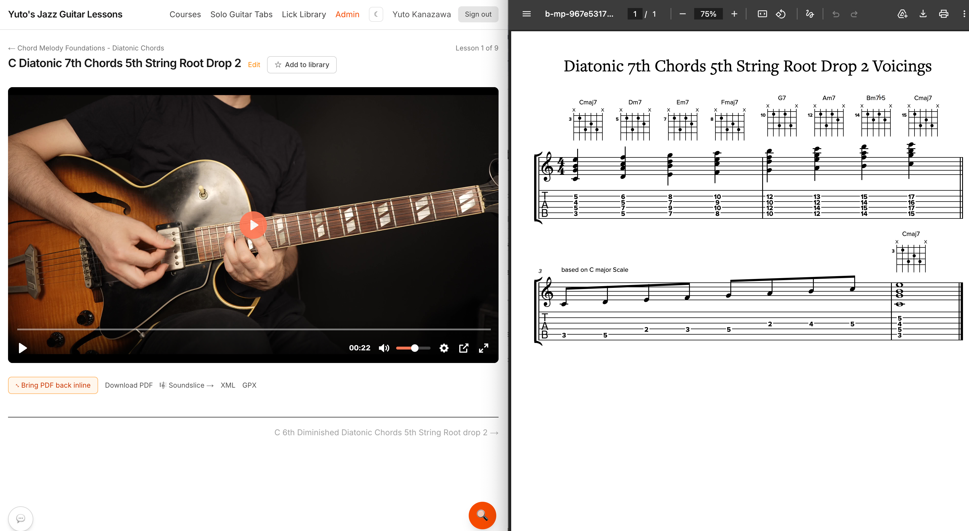 Lesson page with the Pop out PDF feature in use: video on the left half of the screen, tabs PDF in a separate window on the right half.