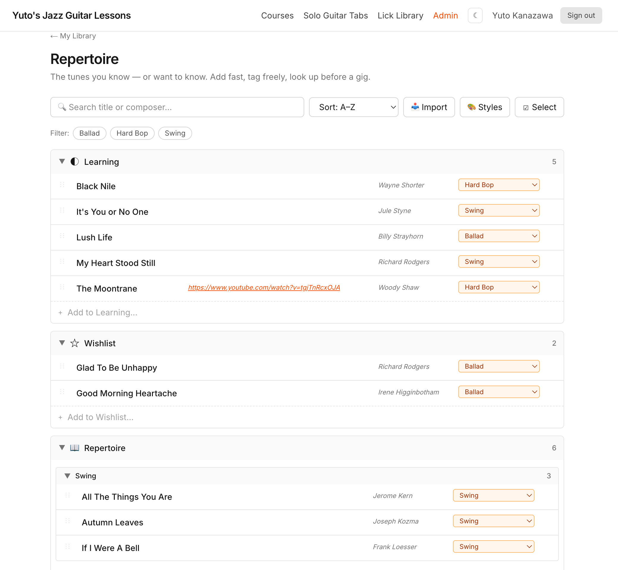 Repertoire page showing tunes grouped into Learning, Wishlist, and Repertoire drawers with style tags on the right and a sub-grouping by style inside the Repertoire drawer.
